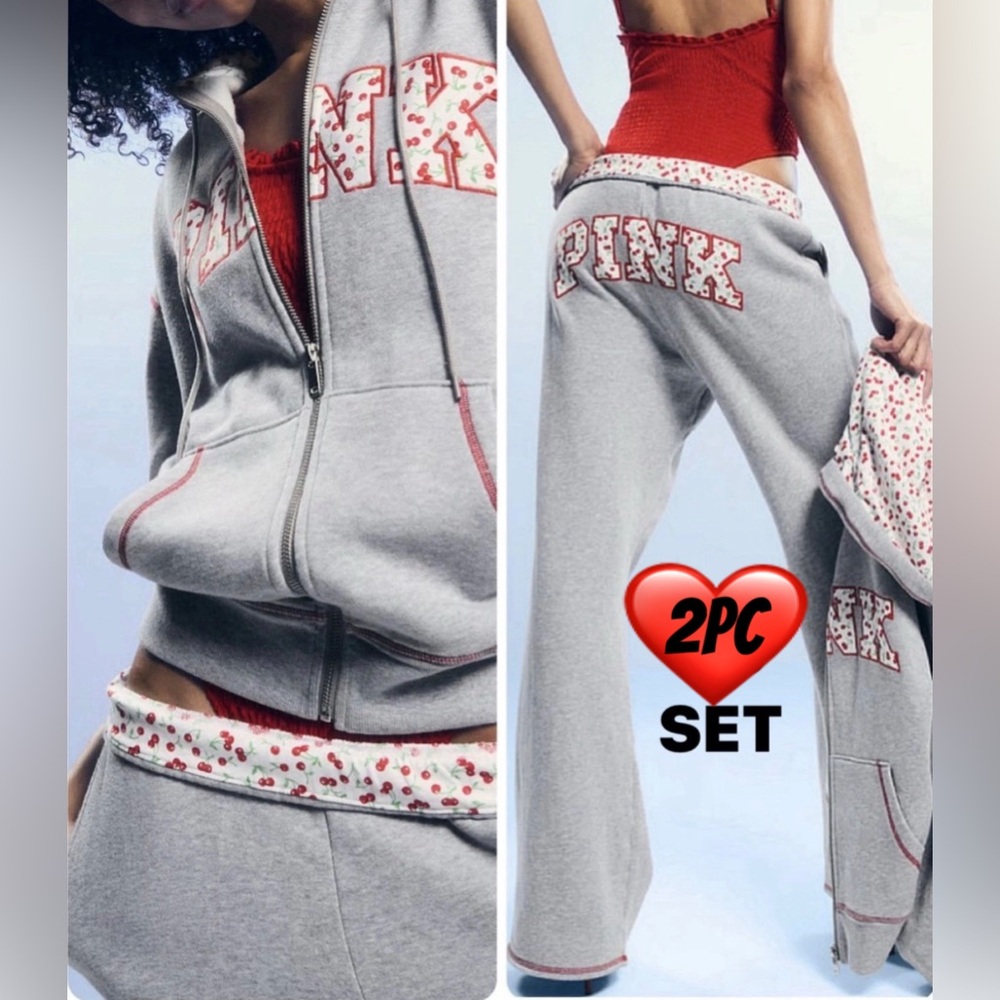 NEW FRANKIES & VICTORIAS SECRET PINK FULL ZIP HOODIE & PANTS 2PC SET BERRY
